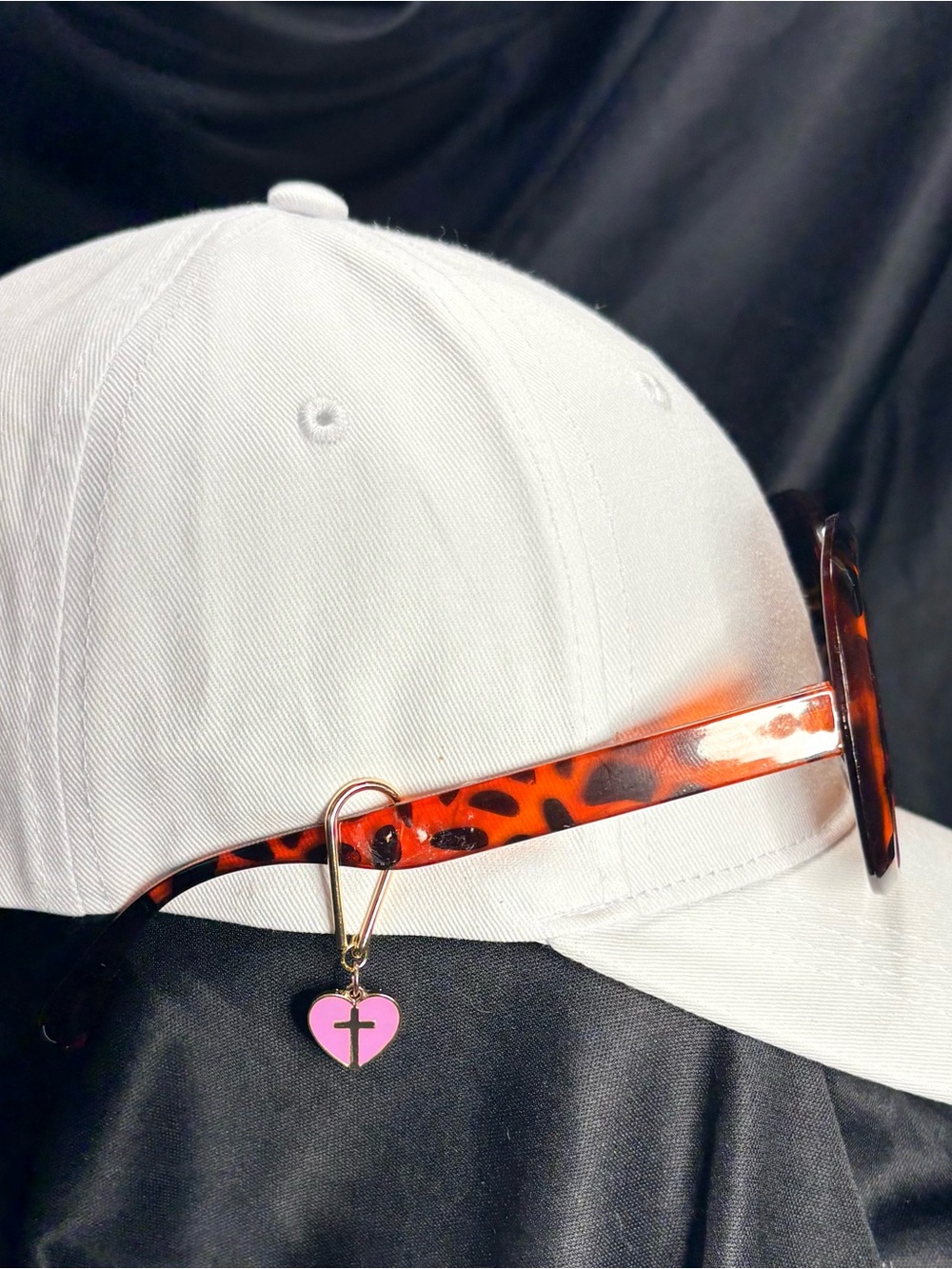 Sunglasses Holder for Baseball Hat  with Pink Heart Cross Charm